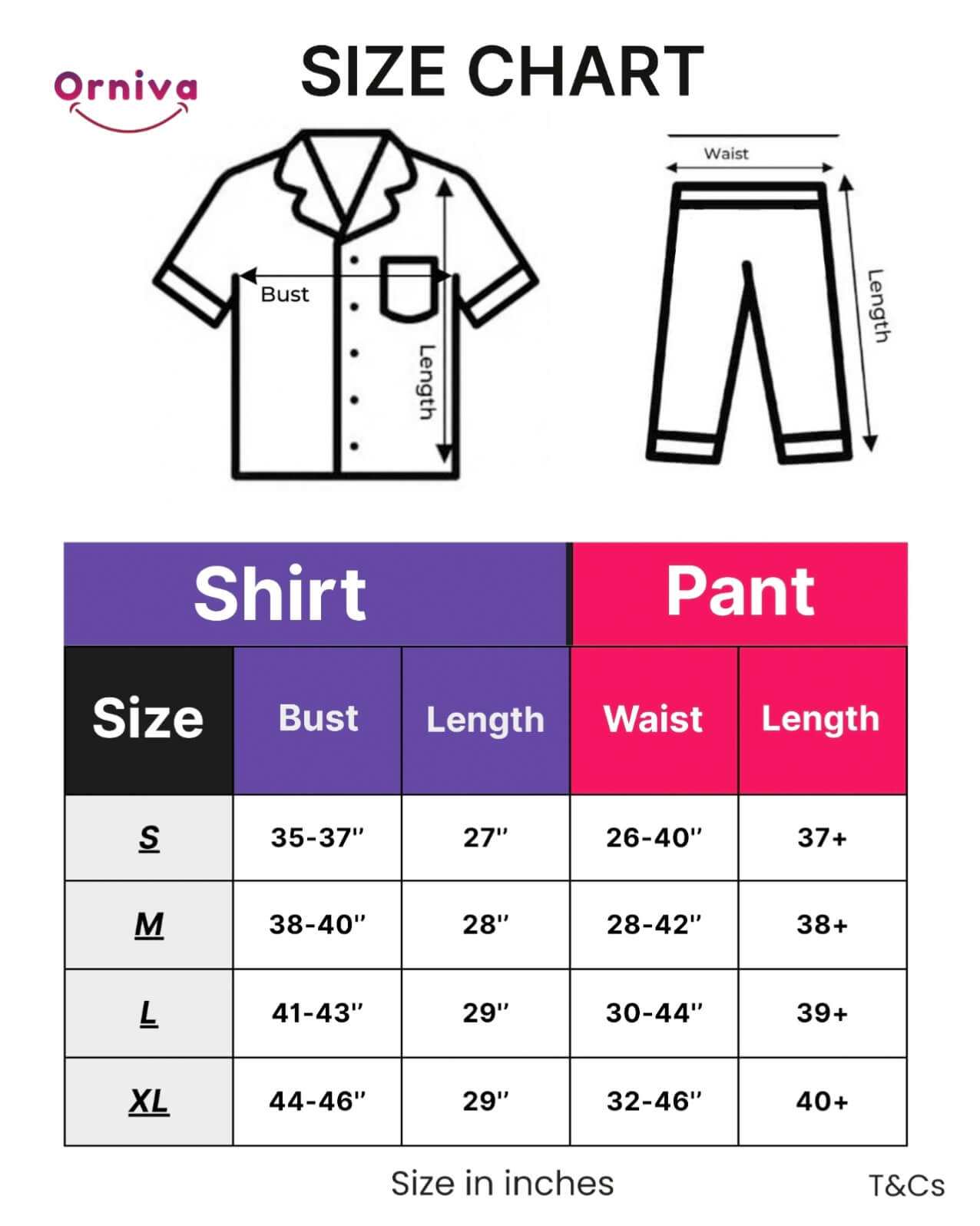 Size chart for Women's Printed PJ Set – 2 Piece Sleepwear Set | Soft Breathable Nightwear for Women