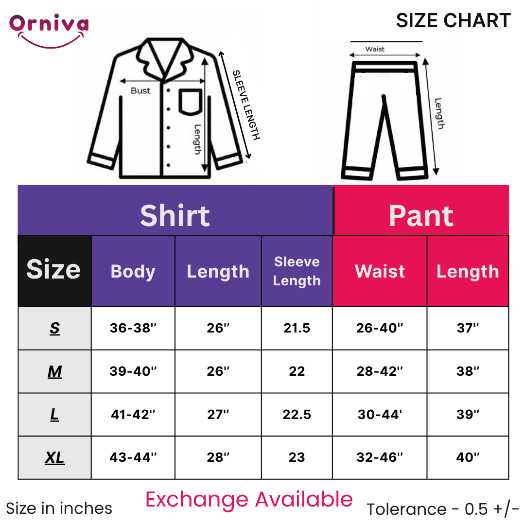 Size chart for Winter Micro Polar Fleece All Over Printed Sleepwear || Long Sleeve Pajamas Set for Women's